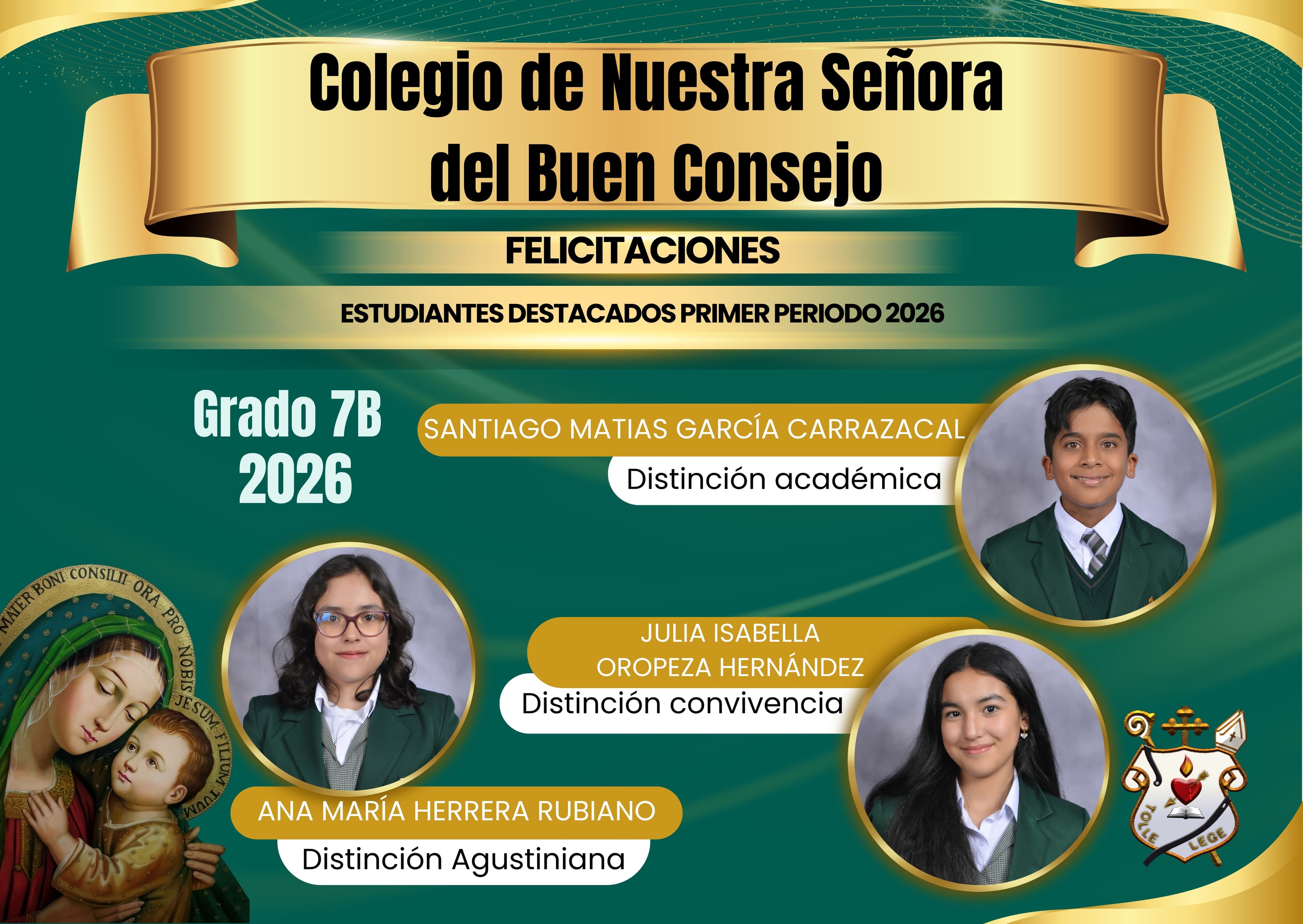 Cuadro de honor Séptimo B Primer Periodo